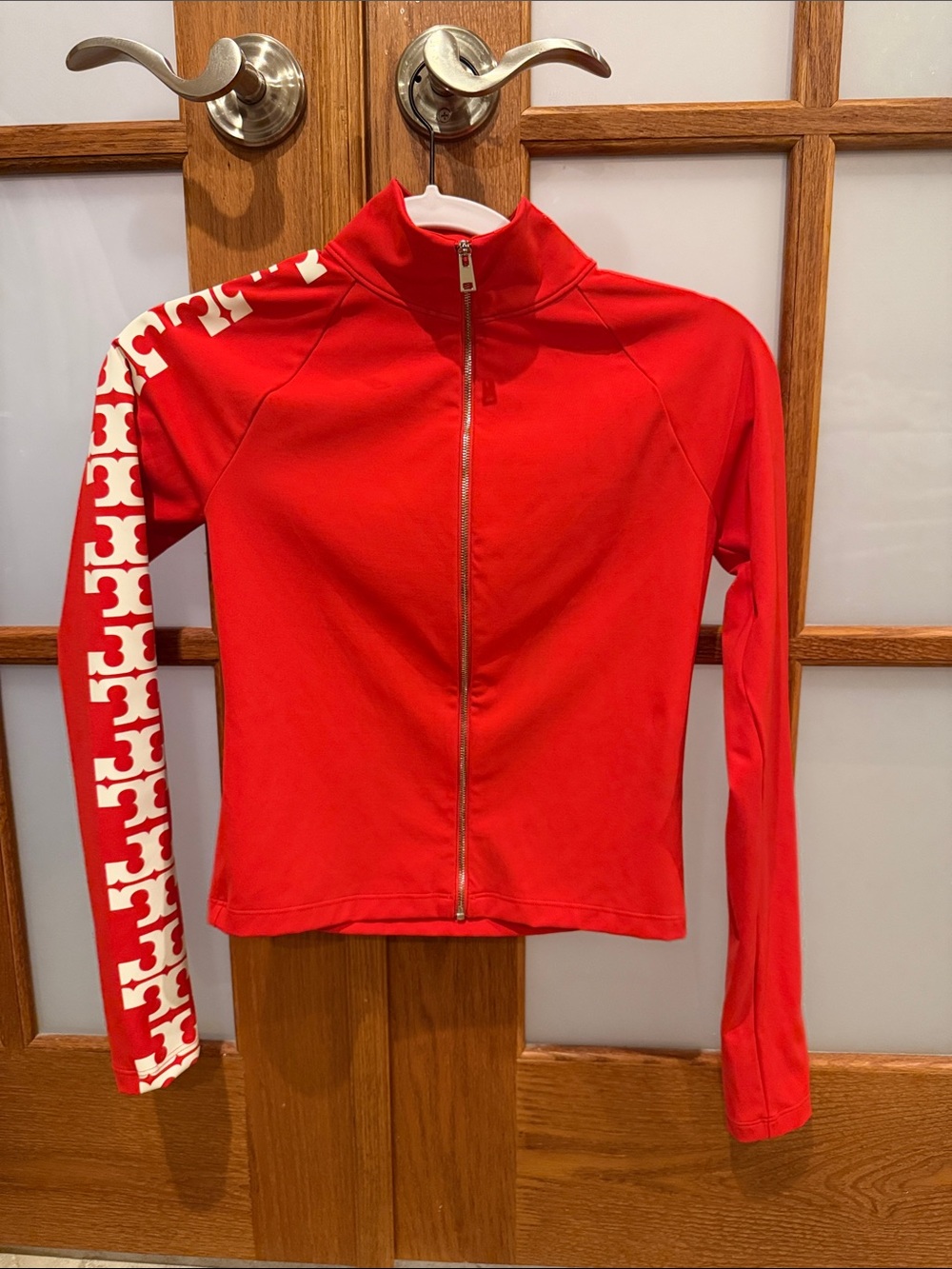 Tory Sport Red Zip-Front Bomber Jacket with White Graphic Sleeve